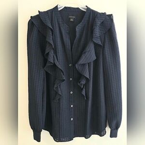 Ann Taylor Jacquard V-Neck Ruffle Popover Blouse